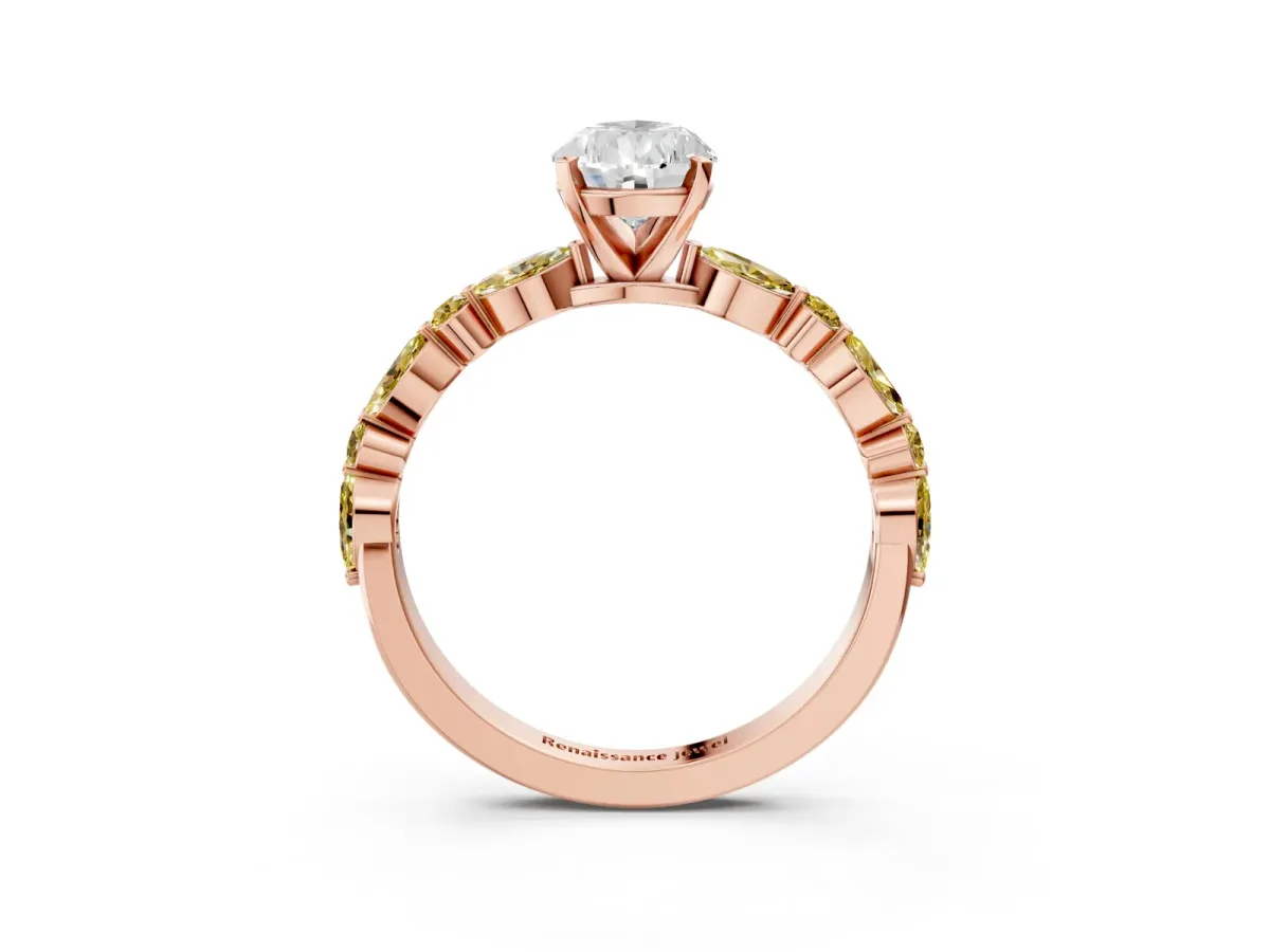 Pear Cut Diamond Ring with Marquise and Round Yellow Sapphire Side Stones and Four-Prong Setting Rose gold