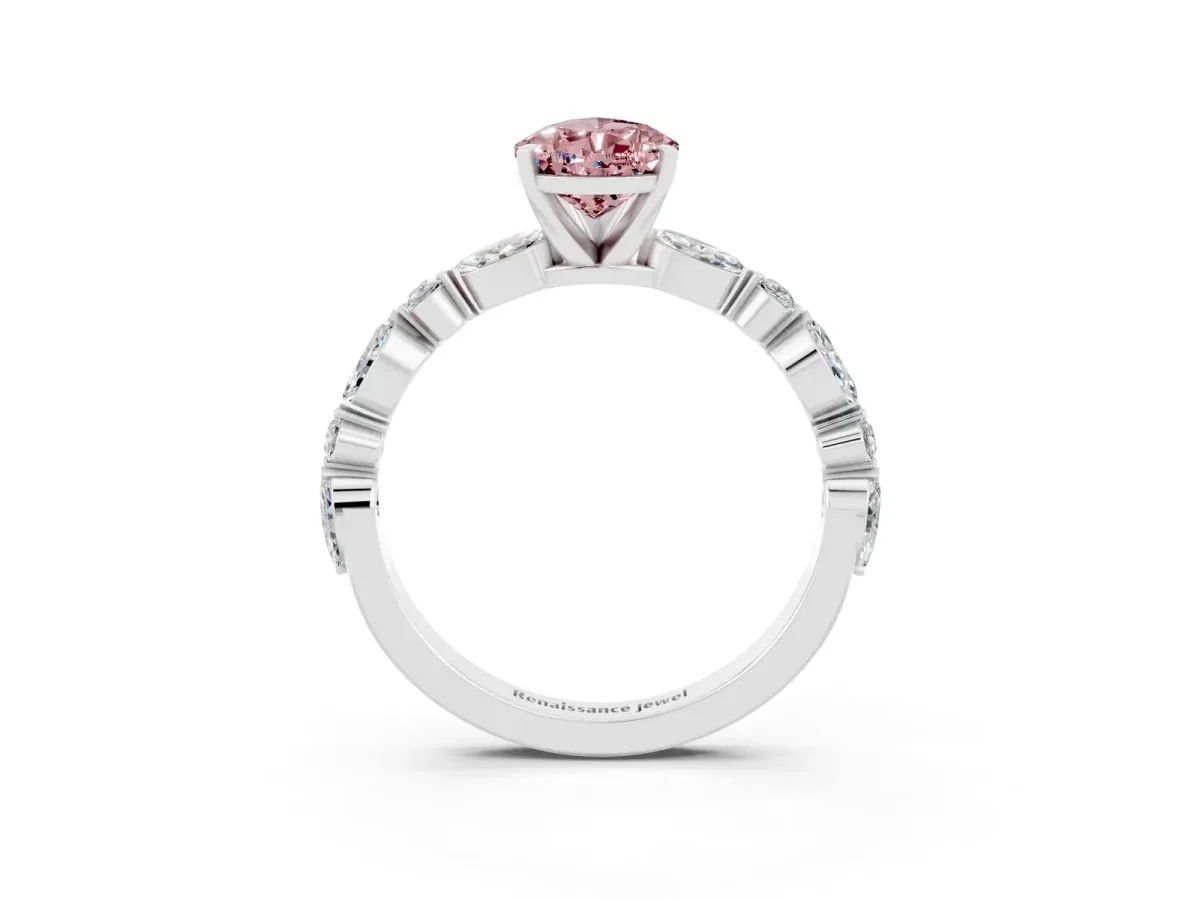 Pear Cut Morganite Ring with Marquise and Round Side Stones and Four-Prong Setting White gold