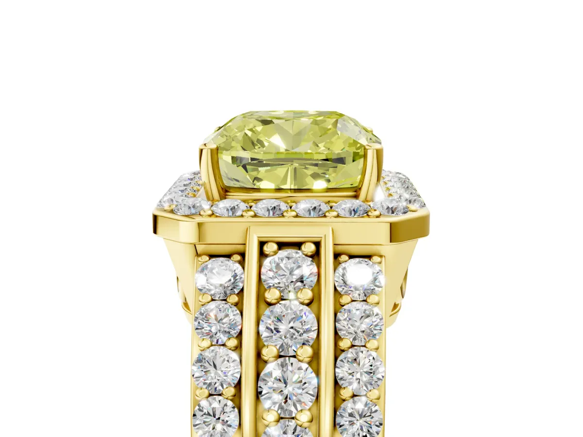 Fancy Yellow Cushion Cut Halo Diamond Ring with Round Split Shank and Prong Setting Yellow gold
