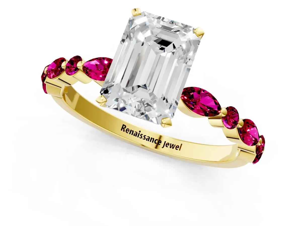 Emerald Cut Diamond Ring with Marquise and Round Garnet Side Stones and Four-Prong Setting Yellow gold