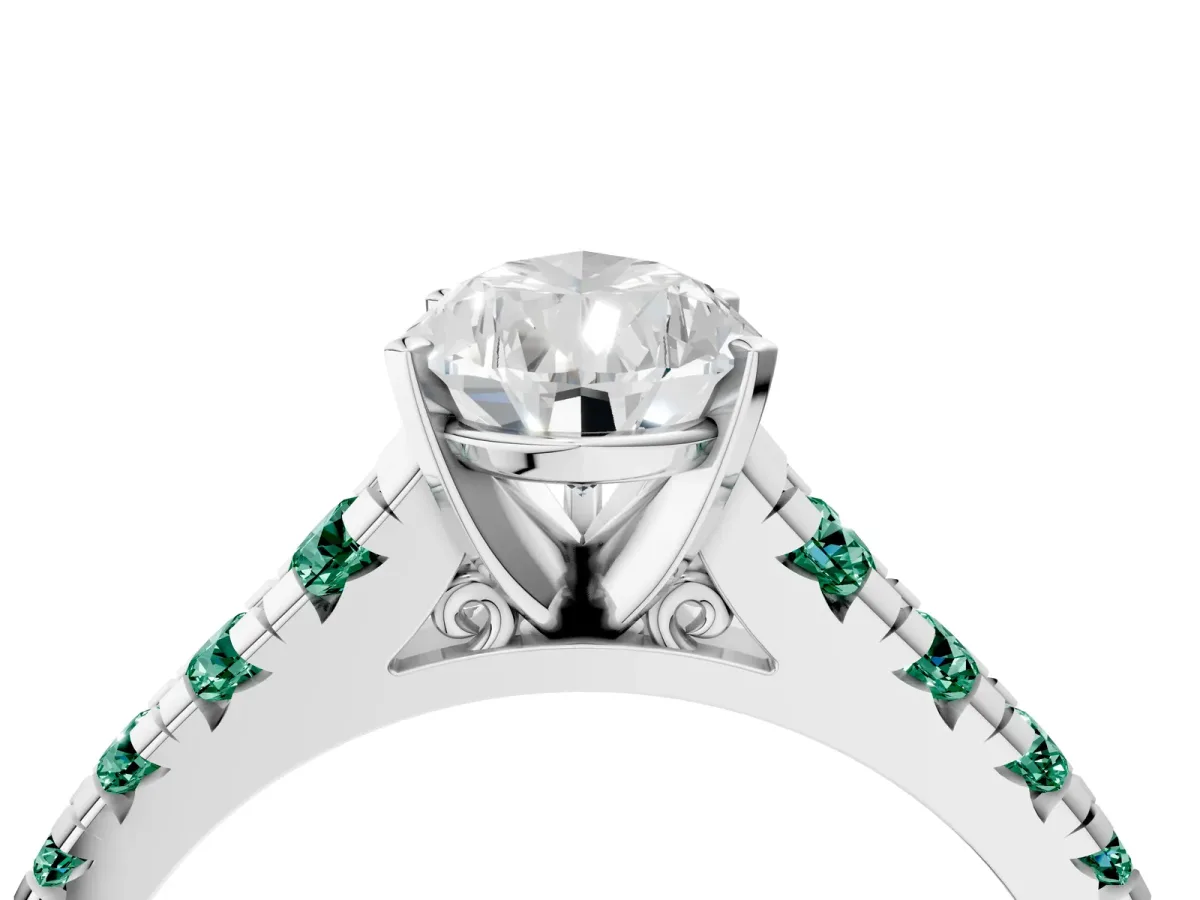 Pear Cut Diamond Cathedral Solitaire Ring with Round Green Sapphire Pavé Band Silver