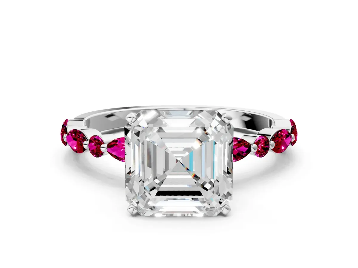 Asscher Cut Diamond Ring with Marquise and Round Garnet Side Stones and Four-Prong Setting Platinum