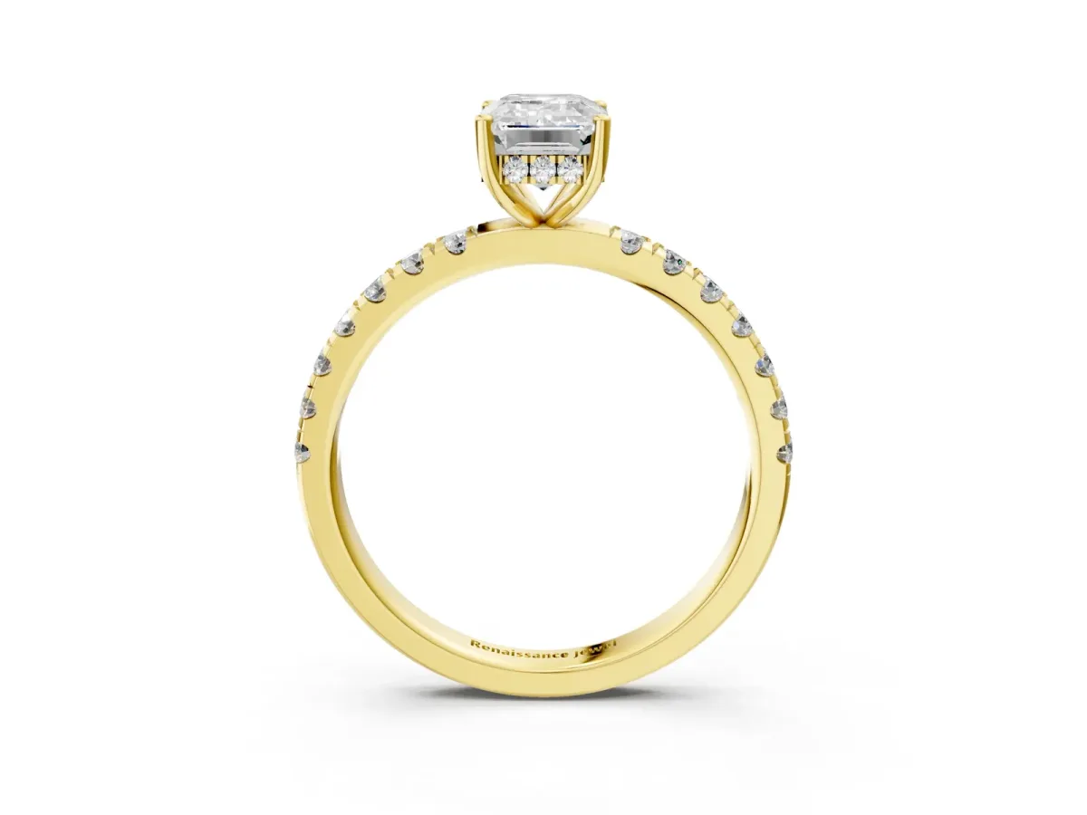 Emerald Cut Diamond Pave Band Solitaire Ring with Round and Prong Setting Yellow gold