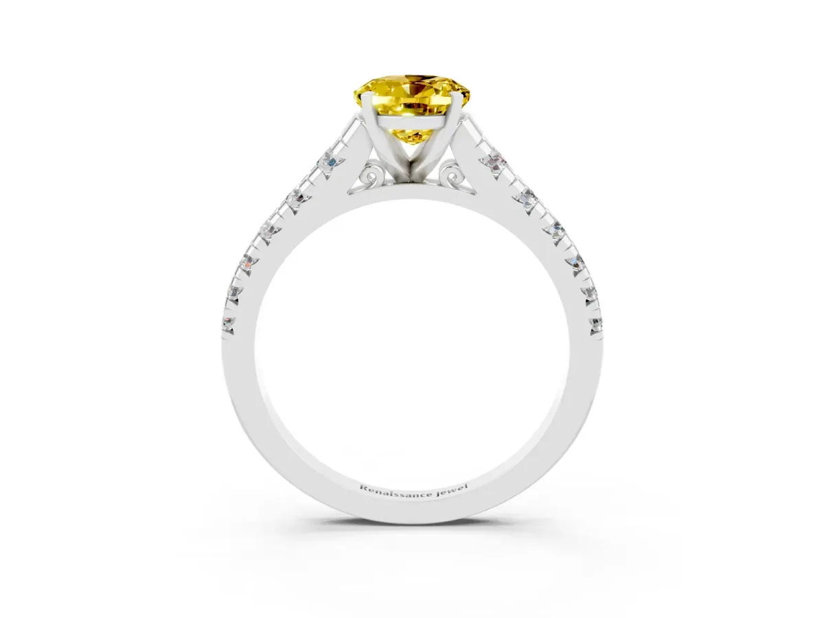 Oval Cut Yellow Sapphire Cathedral Solitaire Ring with Round Pavé Band Silver
