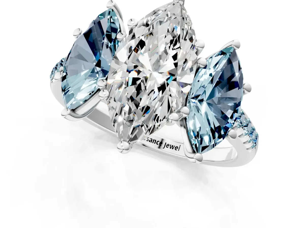 Three-Stone Marquise Cut Diamond Ring with Round Aquamarine Pavé Band and Prong Setting Platinum
