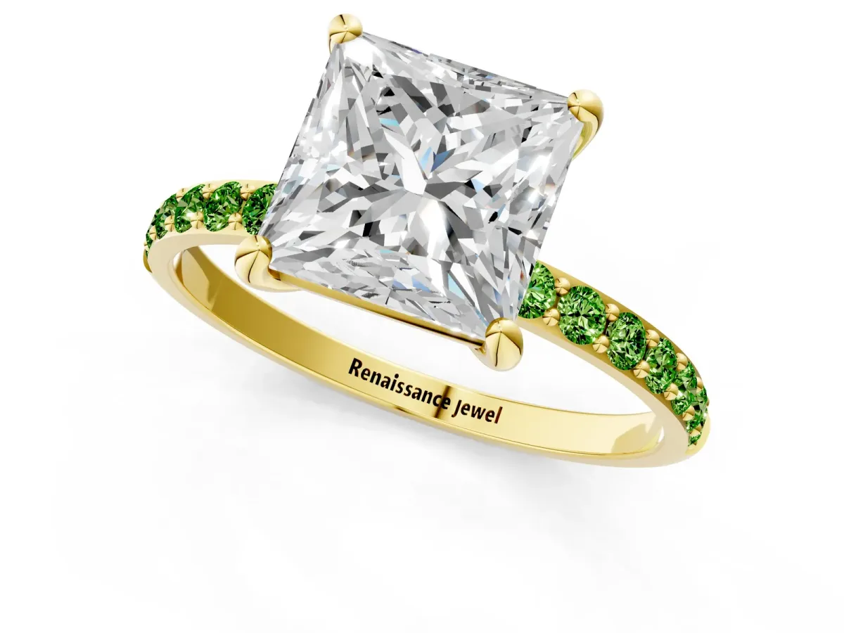 Princess Cut Diamond Solitaire Ring with Round Peridot Pavé Band and Prong Setting Yellow gold