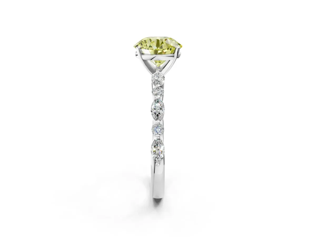Fancy Yellow Round Cut Diamond Ring with Marquise and Round Side Stones and Four-Prong Setting Silver