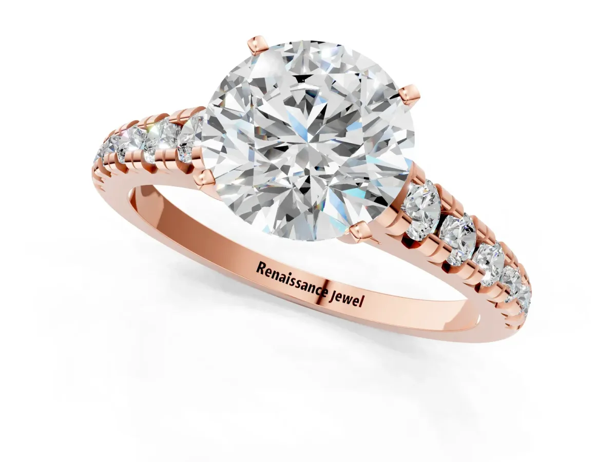 Round Cut Diamond Cathedral Solitaire Ring with Round Pavé Band Rose gold