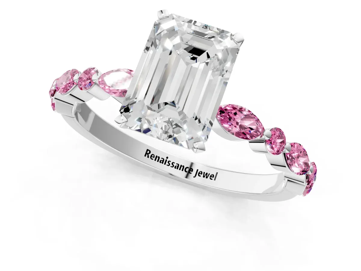 Emerald Cut Diamond Ring with Marquise and Round Pink Sapphire Side Stones and Four-Prong Setting Silver