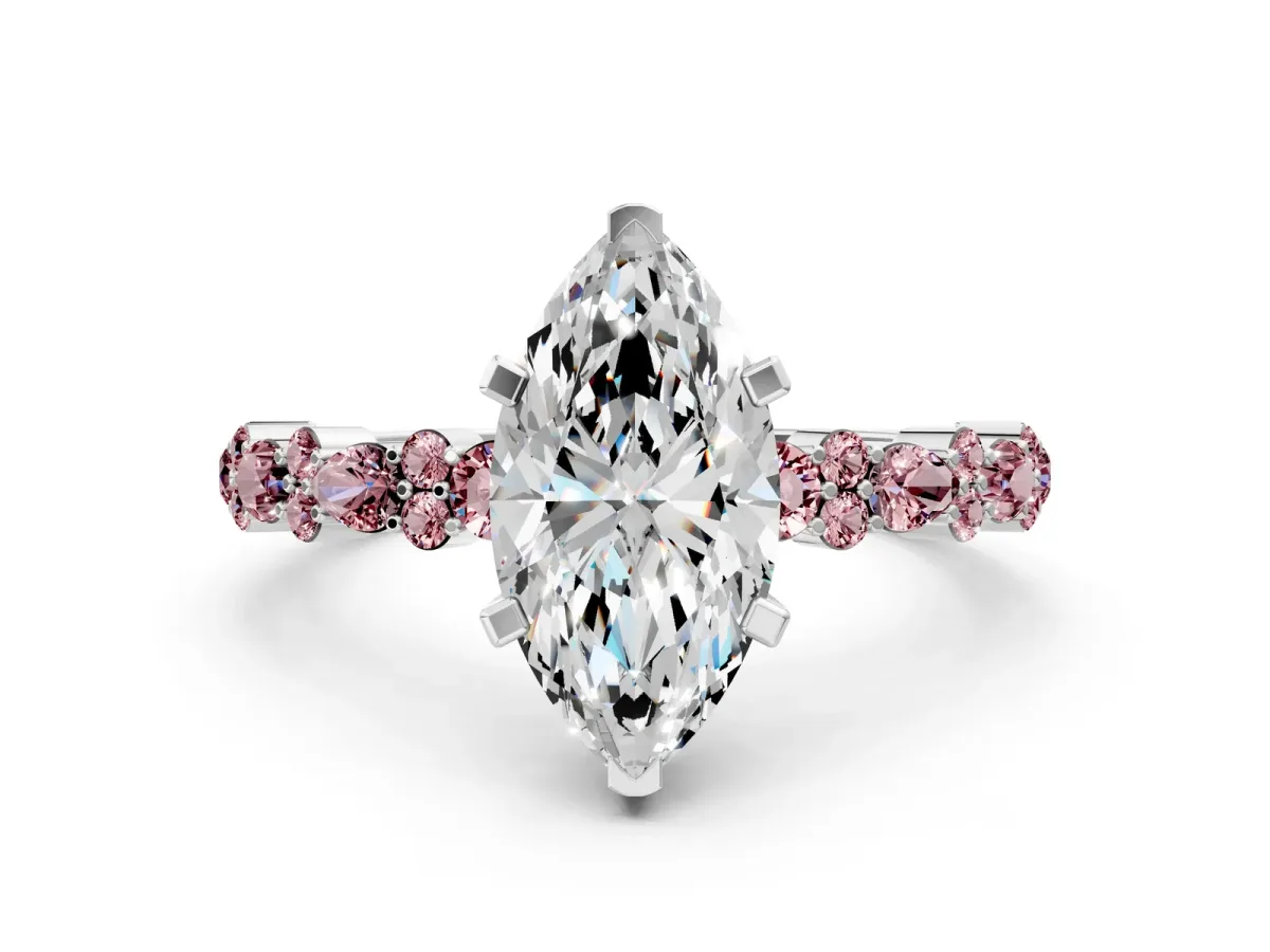 Marquise Cut Diamond Side Stone Solitaire Ring with Round Morganite and Four-Prong Setting Platinum