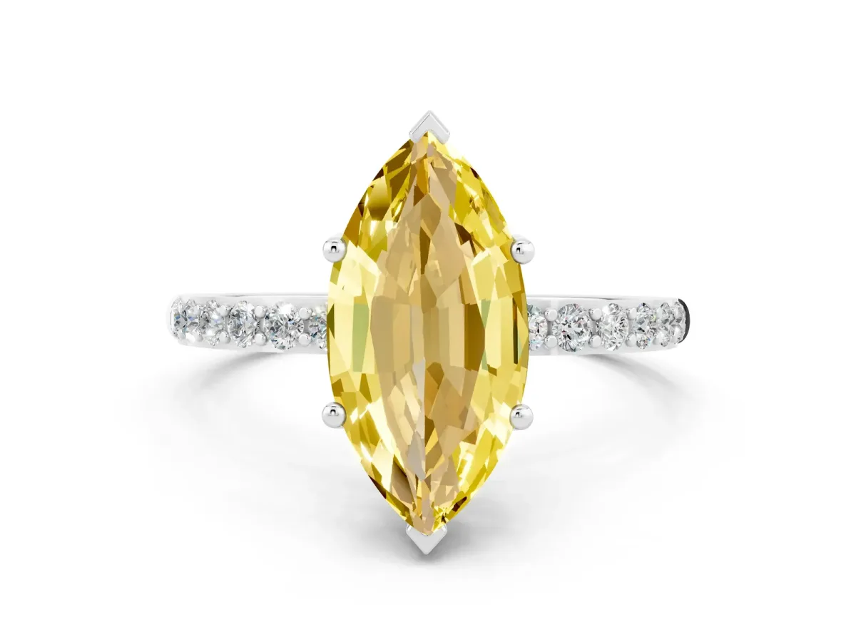Marquise Cut Yellow Sapphire Solitaire Ring with Round Pavé Band and Prong Setting Platinum