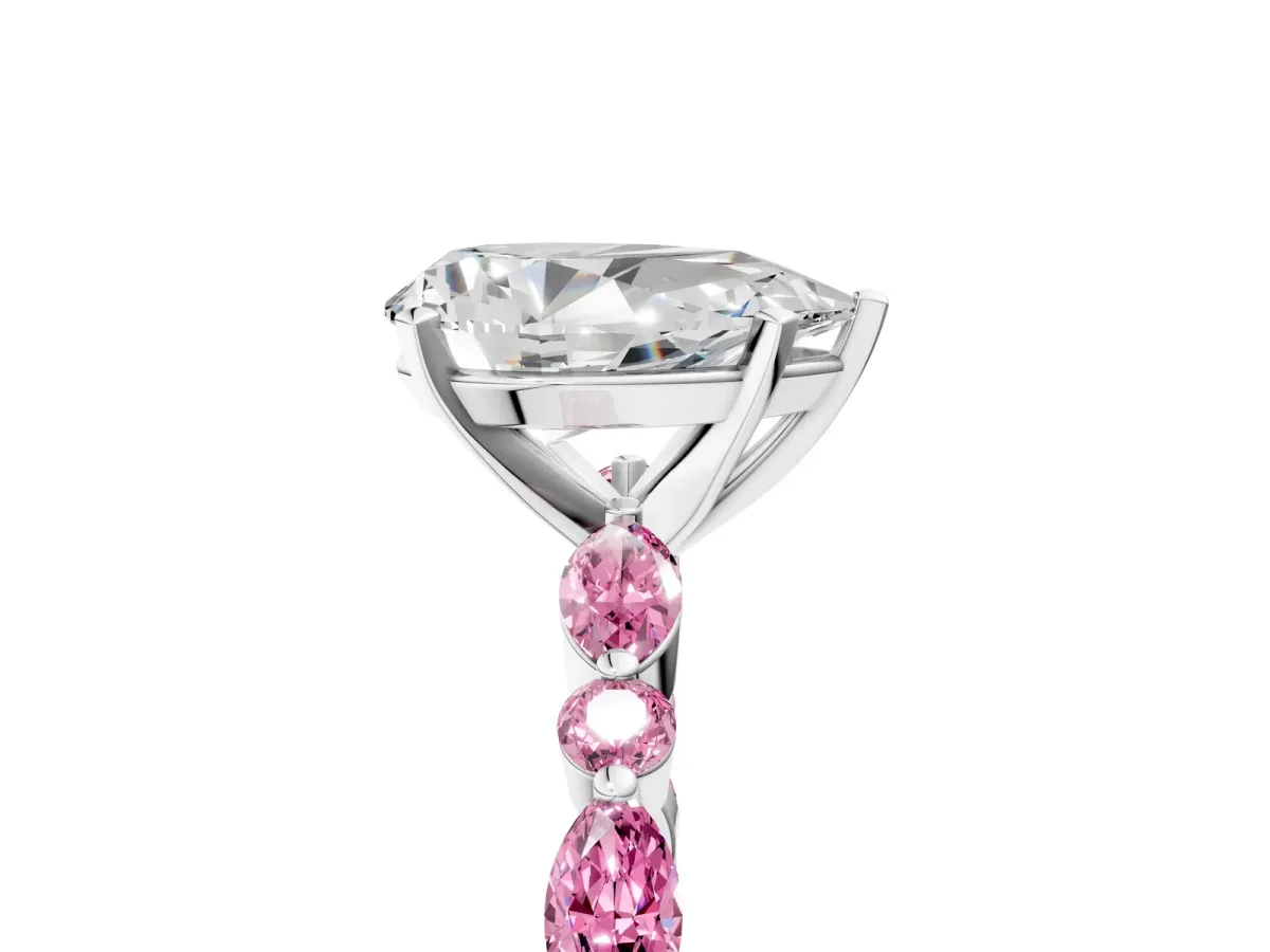Pear Cut Diamond Ring with Marquise and Round Pink Sapphire Side Stones and Four-Prong Setting Silver