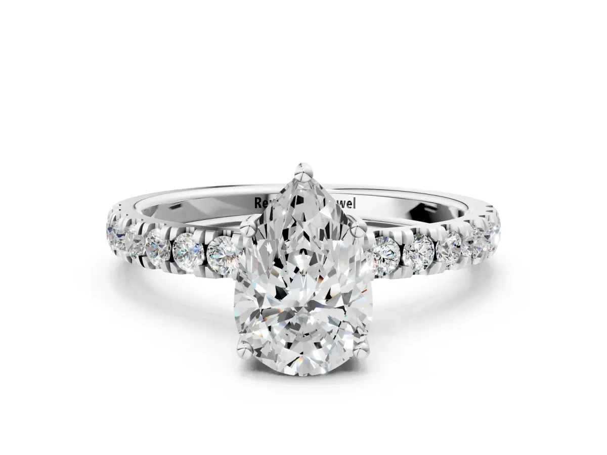 Pear Cut Diamond Pave Band Solitaire Ring with Round and Prong Setting White gold