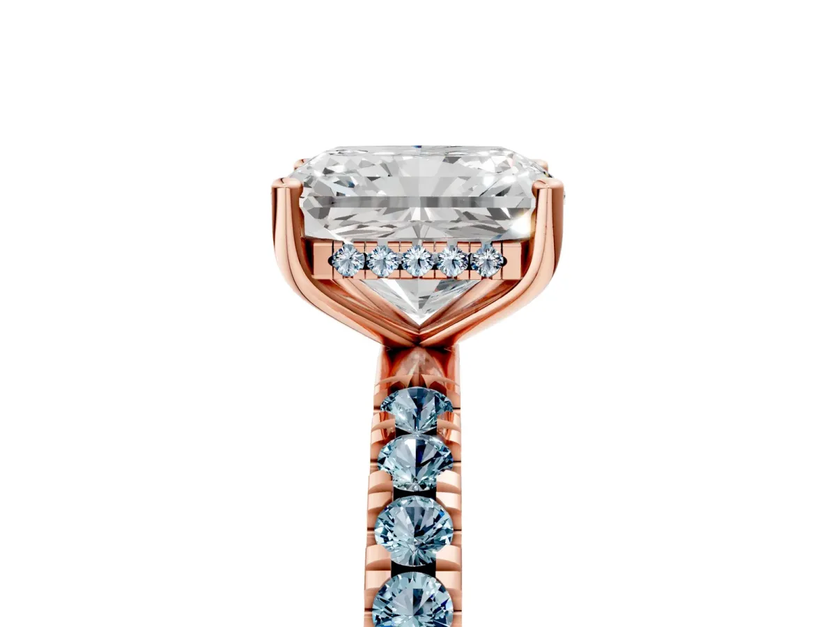 Radiant Cut Diamond Pave Band Solitaire Ring with Round Aquamarine and Prong Setting Rose gold
