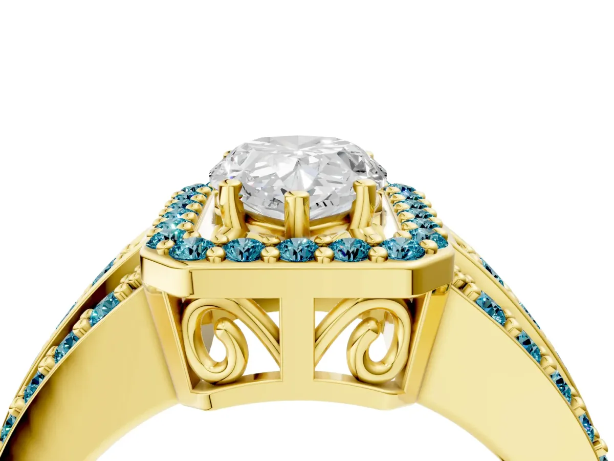 Pear Cut Halo Diamond Ring with Round Blue Topaz Split Shank and Prong Setting Yellow gold