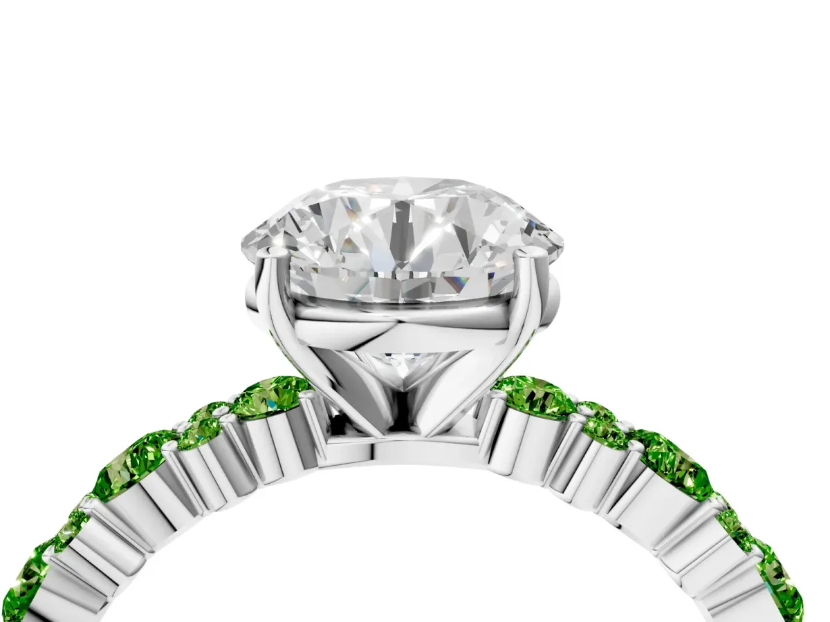 Round Cut Diamond Side Stone Solitaire Ring with Round Tanzanite and Four-Prong Setting Silver