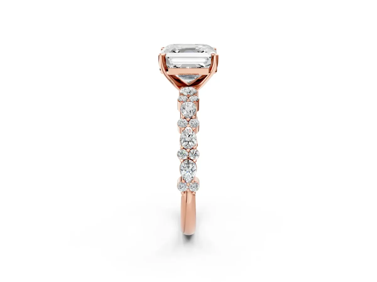 Asscher Cut Diamond Side Stone Solitaire Ring with Round Moissanite and Four-Prong Setting Rose gold