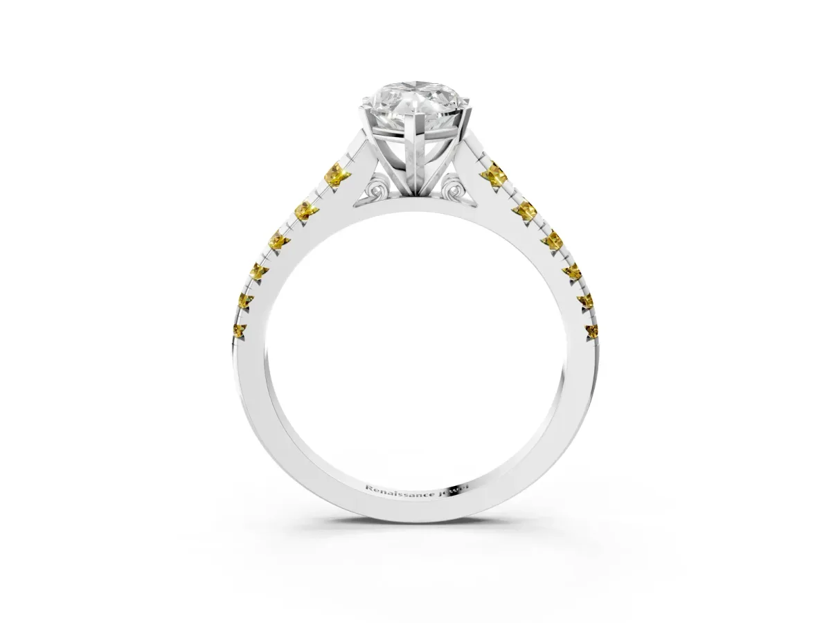 Marquise Cut Diamond Cathedral Solitaire Ring with Round Yellow Sapphire Pavé Band Silver