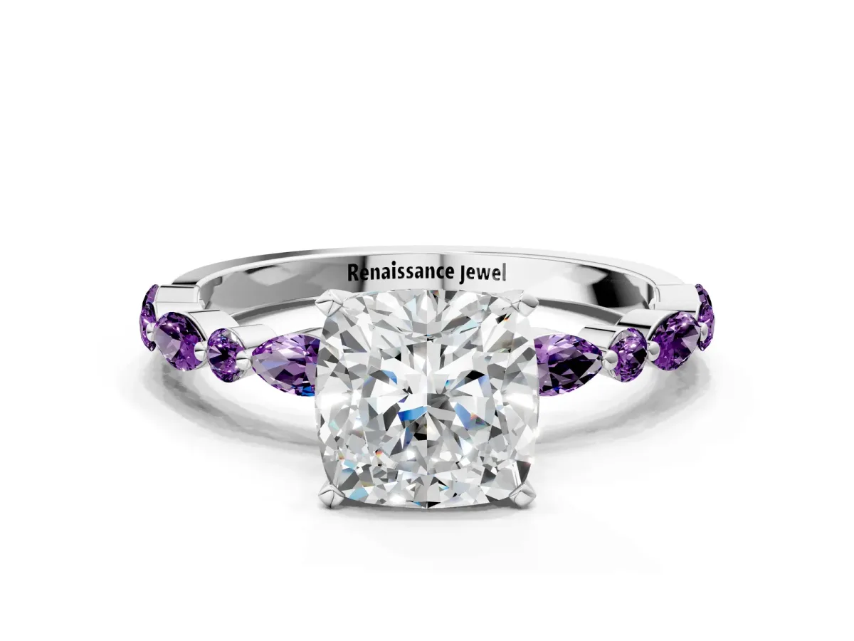 Cushion Cut Diamond Ring with Marquise and Round Amethyst Side Stones and Four-Prong Setting Platinum