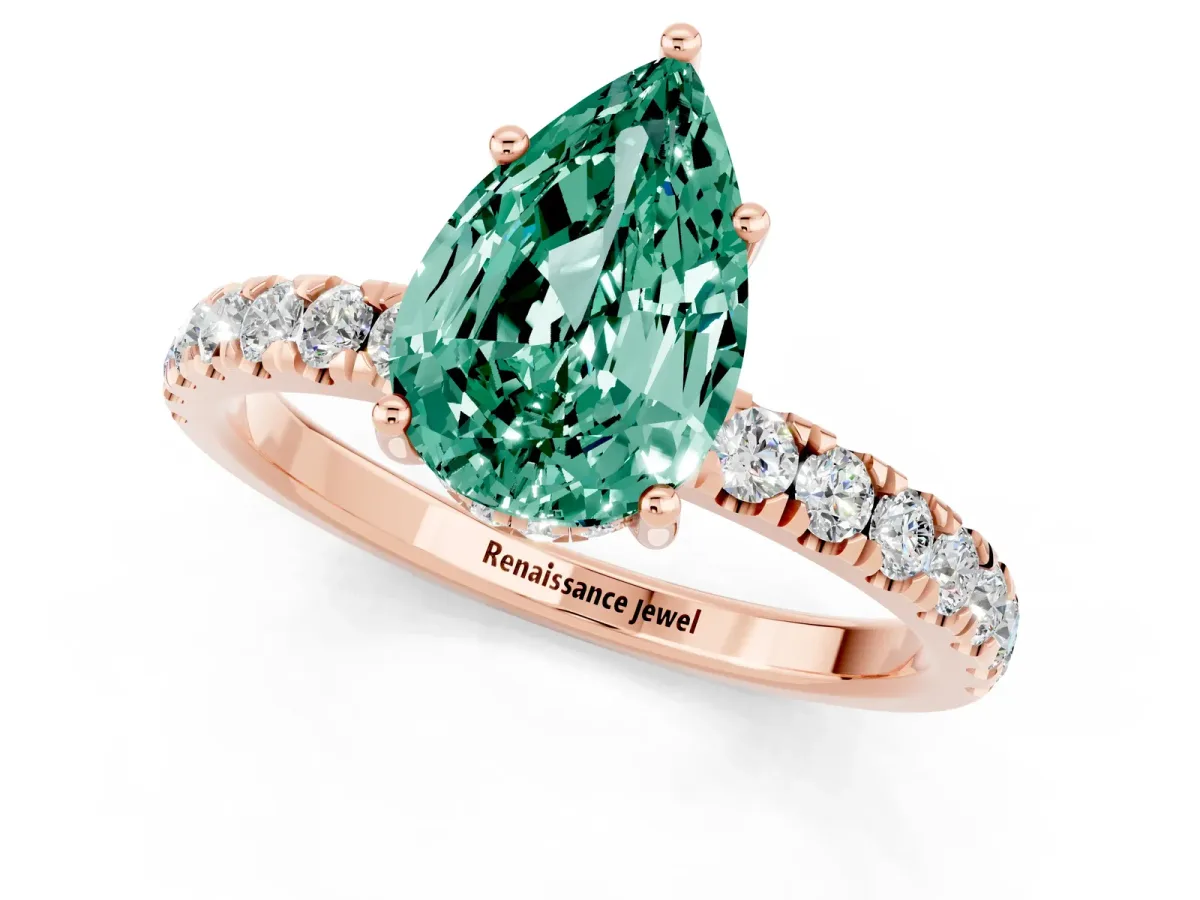 Pear Cut Green Sapphire Pave Band Solitaire Ring with Round and Prong Setting Rose gold