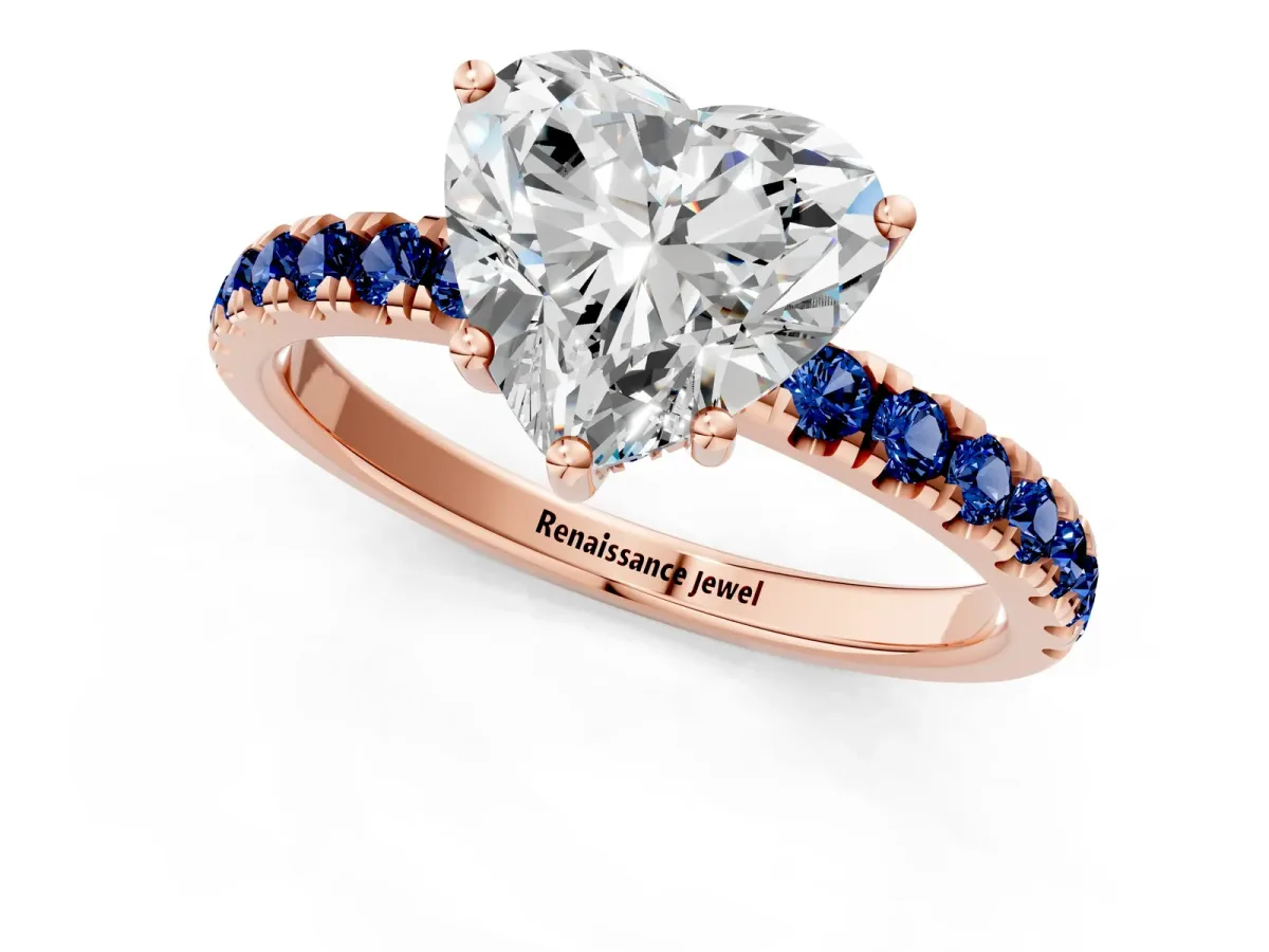 Heart Cut Diamond Pave Band Solitaire Ring with Round Blue Sapphire and Prong Setting Rose gold