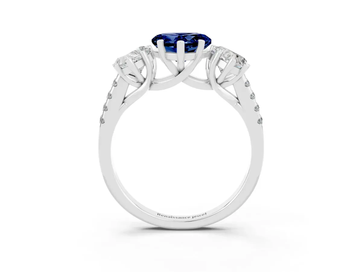 Three-Stone Heart Cut Blue Sapphire Ring with Round Pavé Band and Prong Setting Silver