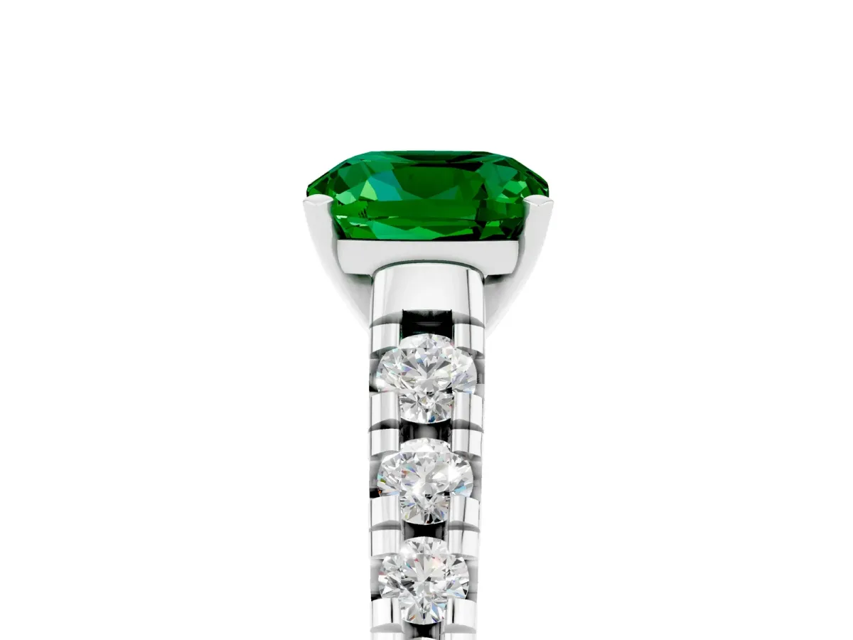 Cushion Cut Emerald Cathedral Solitaire Ring with Round Pavé Band Platinum