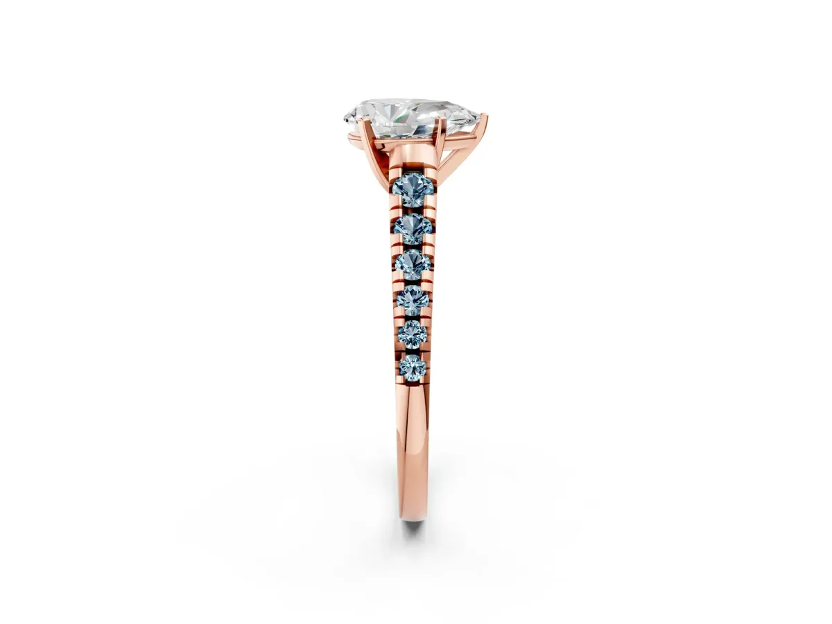 Pear Cut Diamond Cathedral Solitaire Ring with Round Aquamarine Pavé Band Rose gold