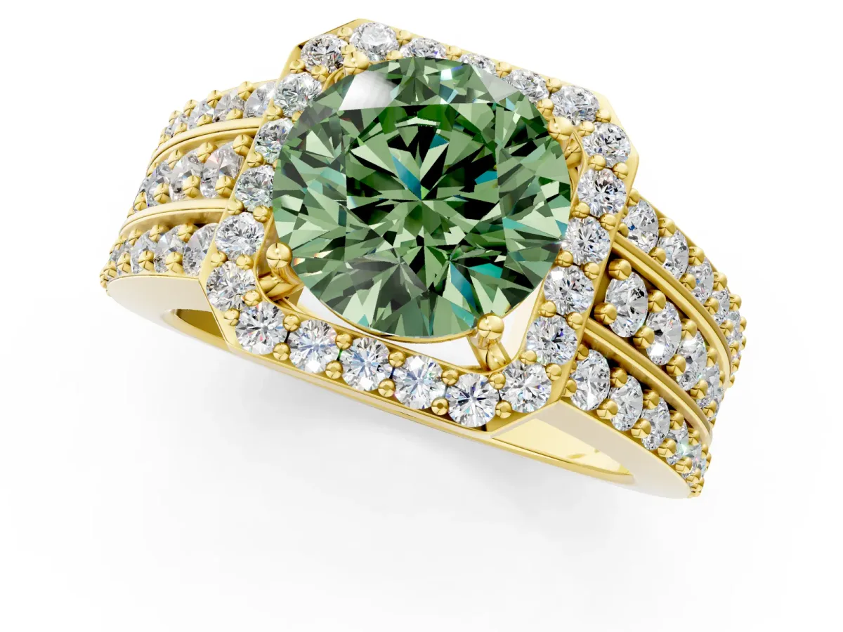 Fancy Green Round Cut Halo Diamond Ring with Round Split Shank and Prong Setting Yellow gold
