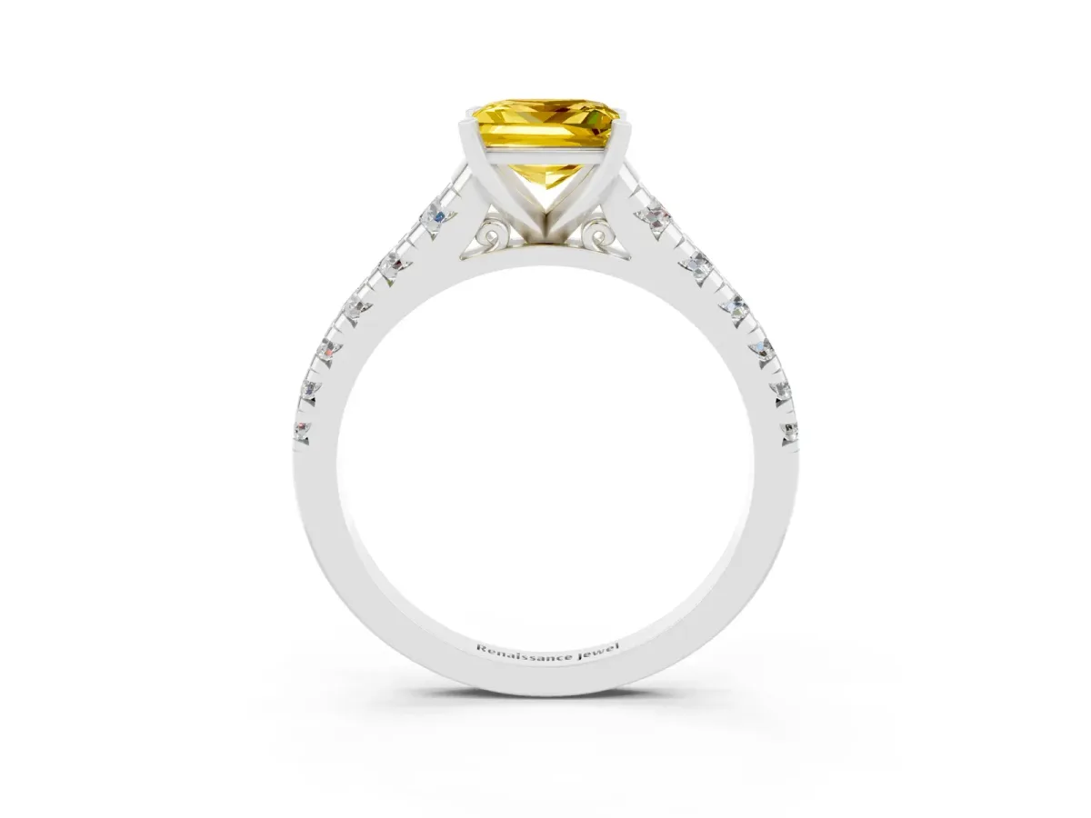 Princess Cut Yellow Sapphire Cathedral Solitaire Ring with Round Pavé Band Platinum