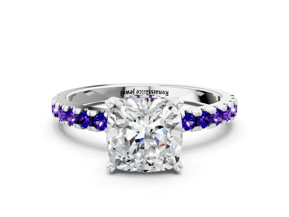 Cushion Cut Diamond Solitaire Ring with Round Tanzanite Pavé Band and Four-Prong Setting Silver