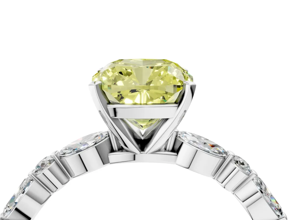 Fancy Yellow Cushion Cut Diamond Ring with Marquise and Round Side Stones and Four-Prong Setting Silver