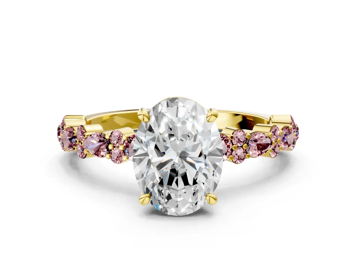 Oval Cut Diamond Side Stone Solitaire Ring with Round Morganite and Four-Prong Setting Yellow gold