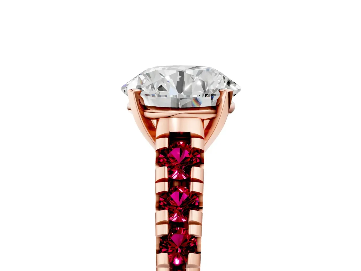 Round Cut Diamond Cathedral Solitaire Ring with Round Garnet Pavé Band Rose gold