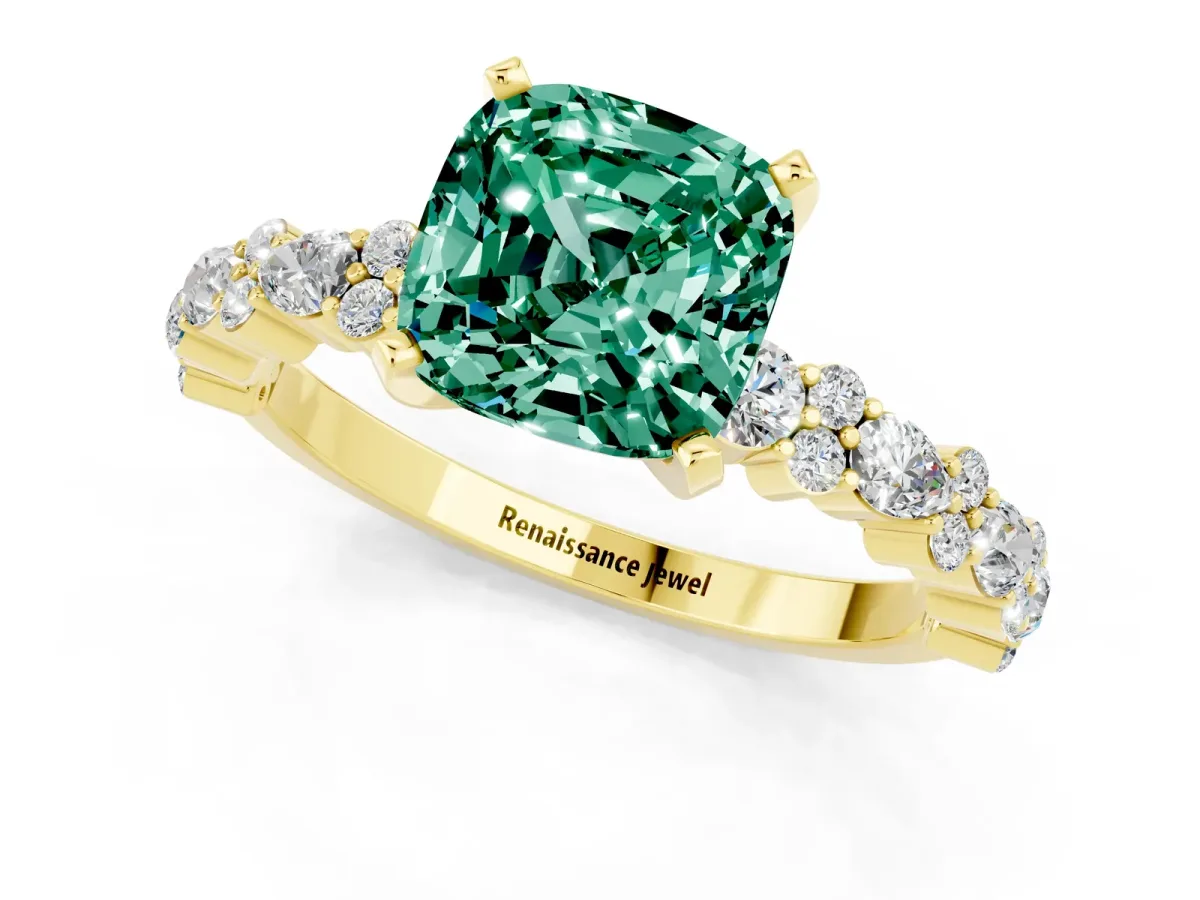 Cushion Cut Green Sapphire Side Stone Solitaire Ring with Round and Four-Prong Setting Yellow gold
