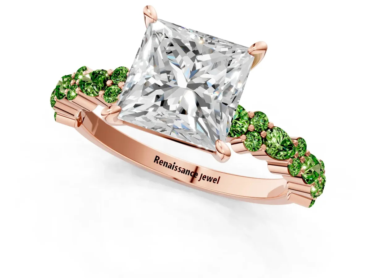 Princess Cut Diamond Side Stone Solitaire Ring with Round Peridot and Four-Prong Setting Rose gold