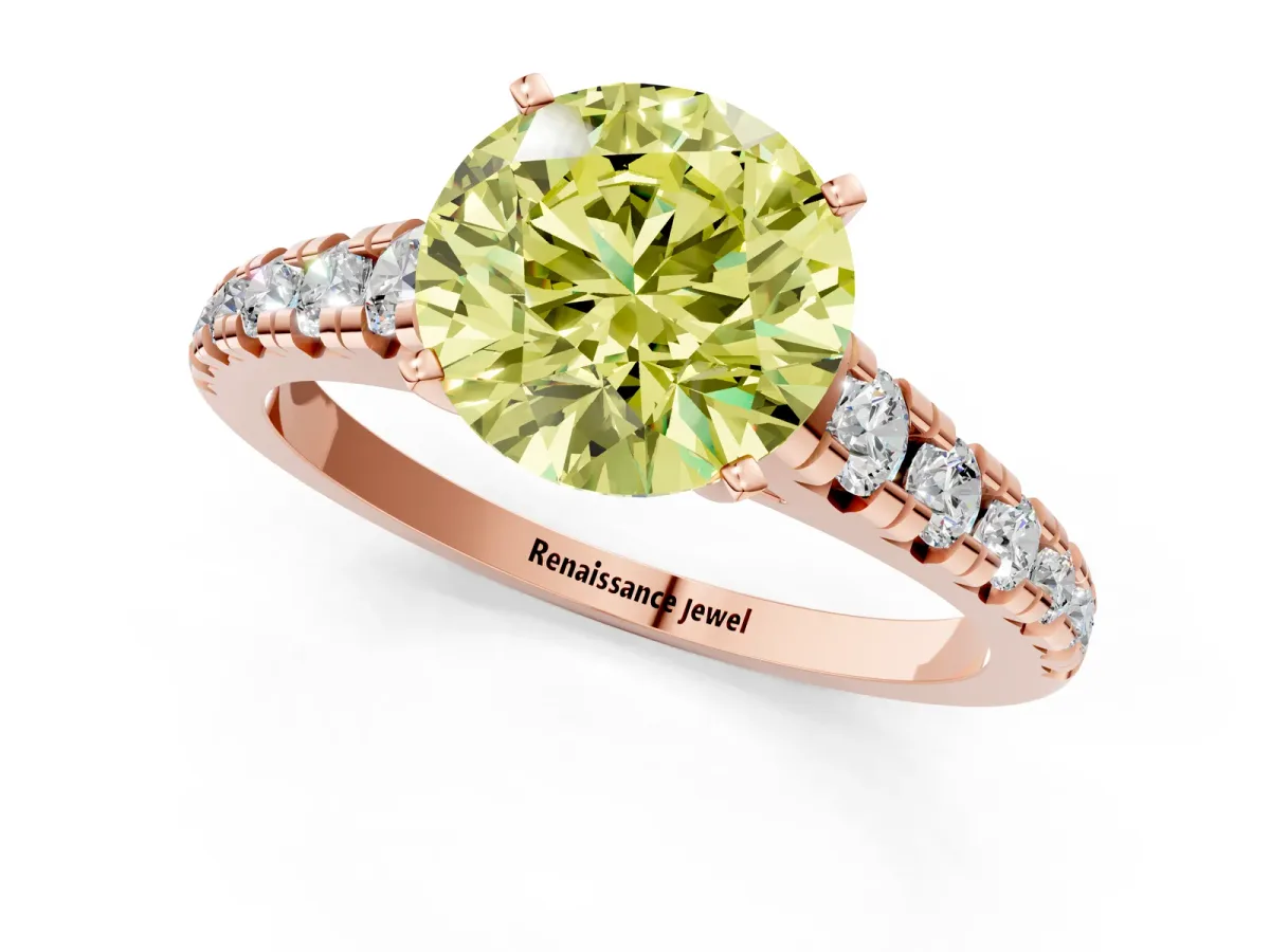 Fancy Yellow Round Cut Diamond Cathedral Solitaire Ring with Round Pavé Band Rose gold