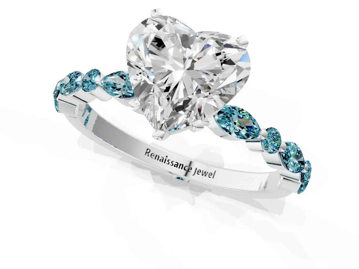 Heart Cut Diamond Ring with Marquise and Round Blue Topaz Side Stones and Four-Prong Setting Platinum