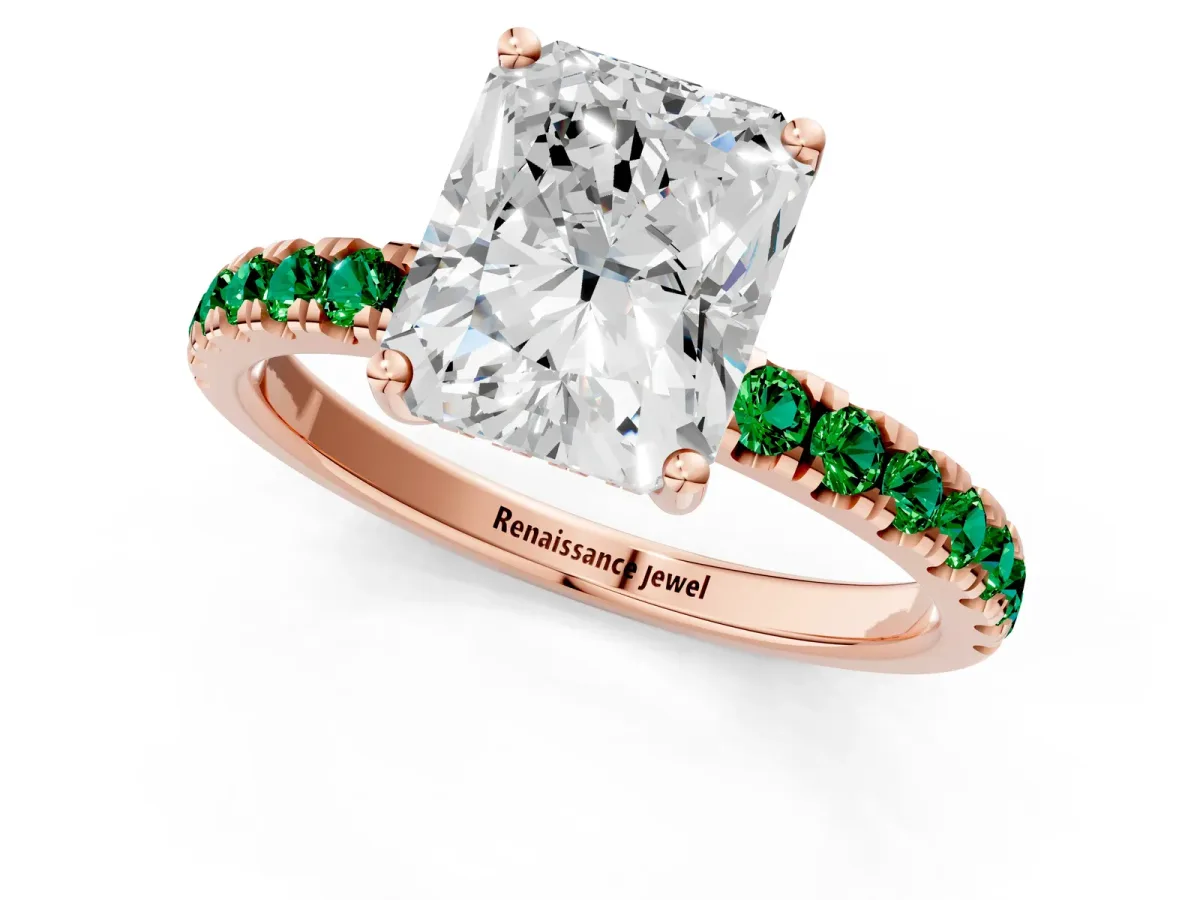 Radiant Cut Diamond Pave Band Solitaire Ring with Round Emerald and Prong Setting Rose gold