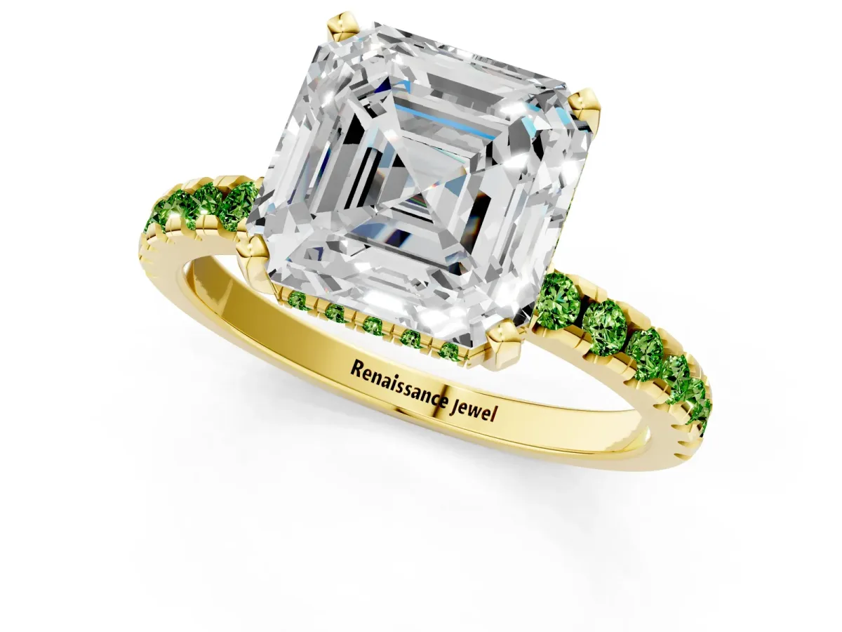 Asscher Cut Diamond Solitaire Ring with Round Peridot Pavé Band and Four-Prong Setting Yellow gold