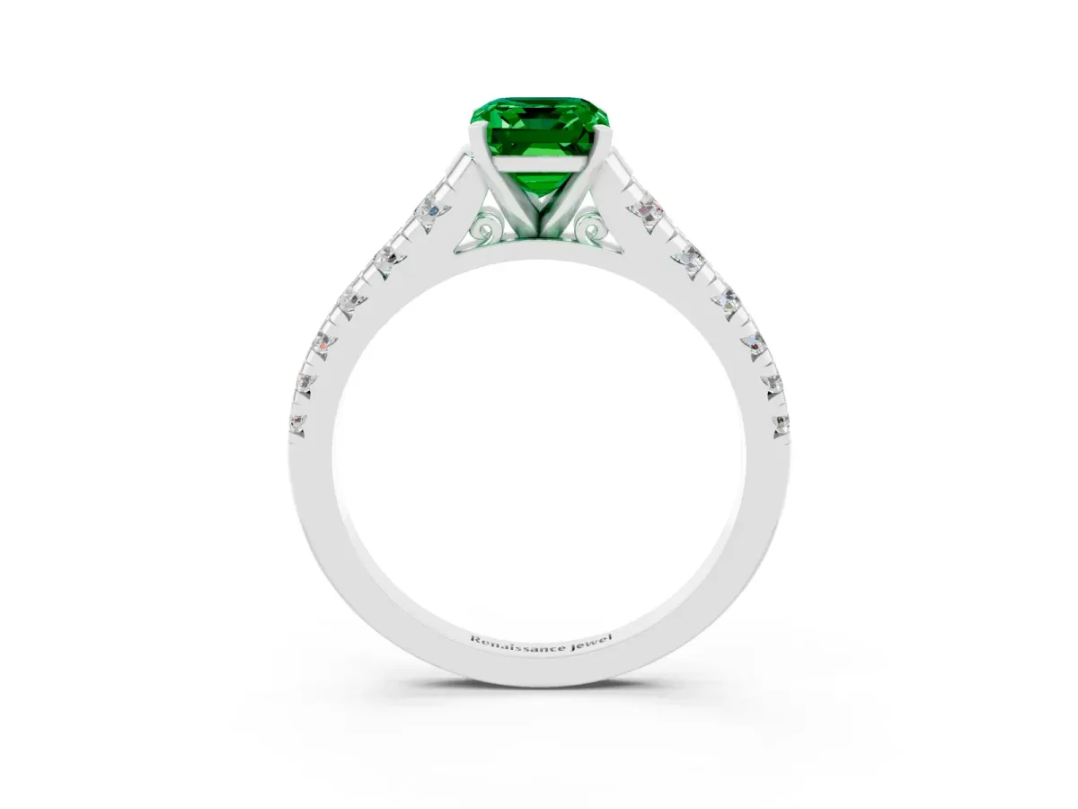 Emerald Cut Emerald Cathedral Solitaire Ring with Round Pavé Band Platinum