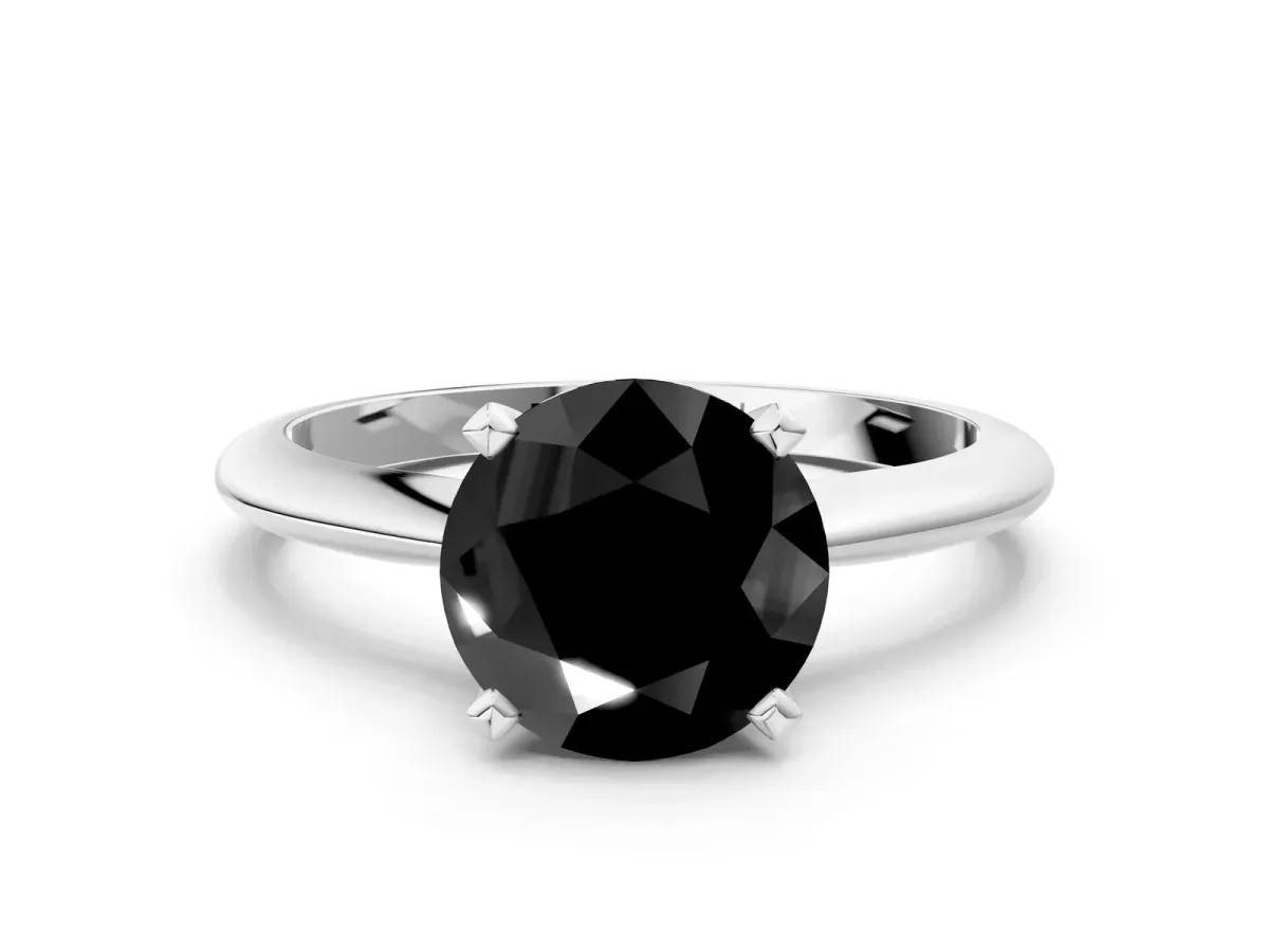 Fancy Black Round Cut Diamond Solitaire Engagement Ring with Classic Band and Four-Prong Setting Silver