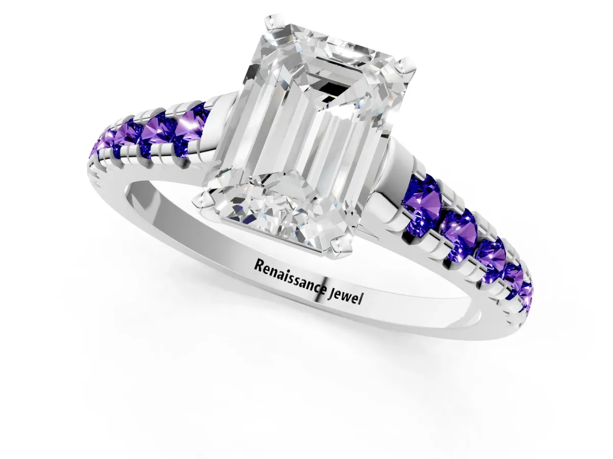 Emerald Cut Diamond Cathedral Solitaire Ring with Round Tanzanite Pavé Band Platinum