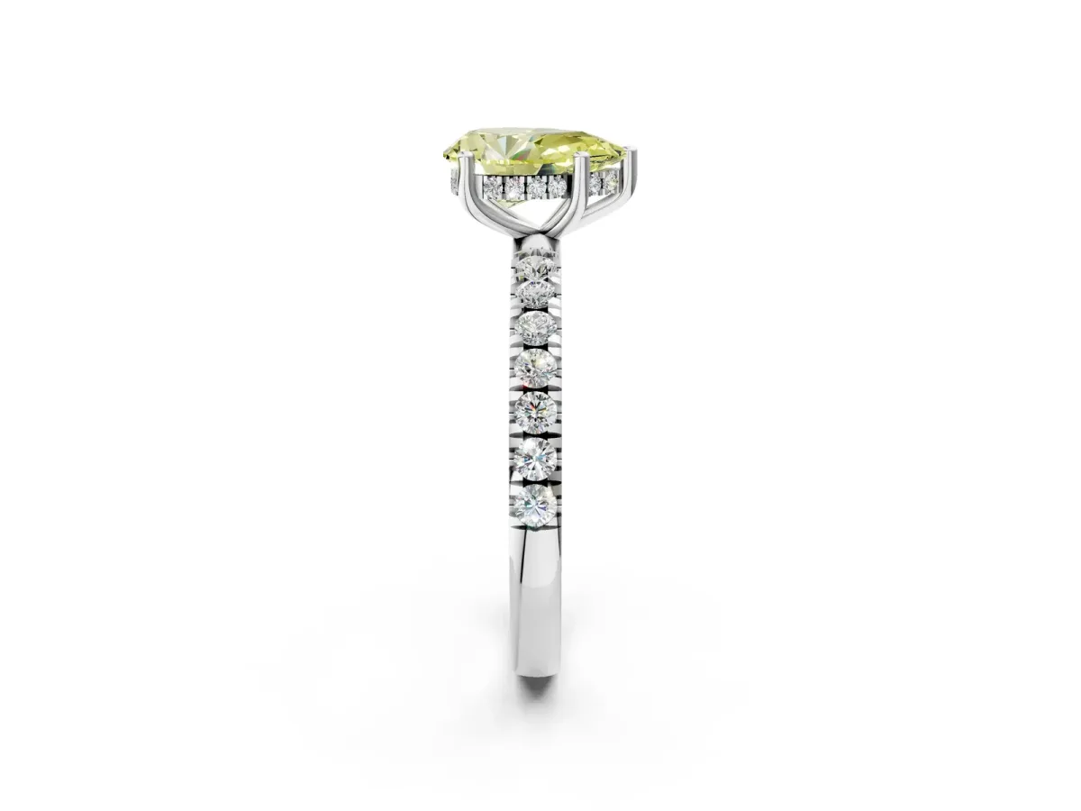 Fancy Yellow Pear Cut Diamond Pave Band Solitaire Ring with Round and Prong Setting White gold