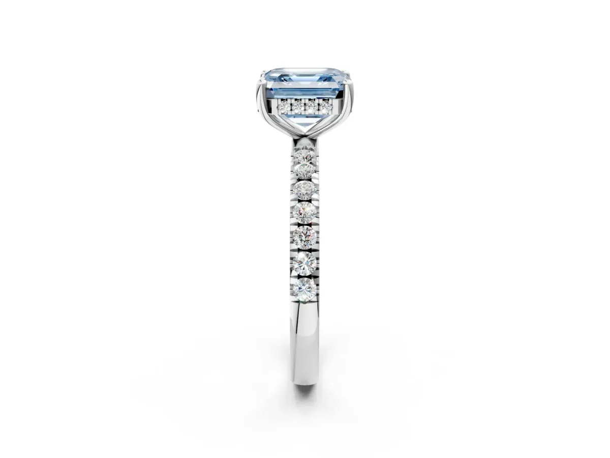 Fancy Blue Asscher Cut Diamond Pave Band Solitaire Ring with Round and Prong Setting White gold