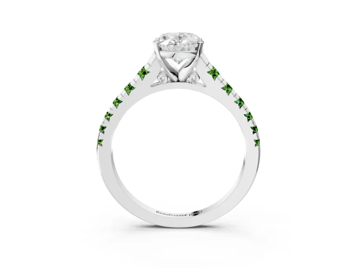 Oval Cut Diamond Cathedral Solitaire Ring with Round Peridot Pavé Band White gold