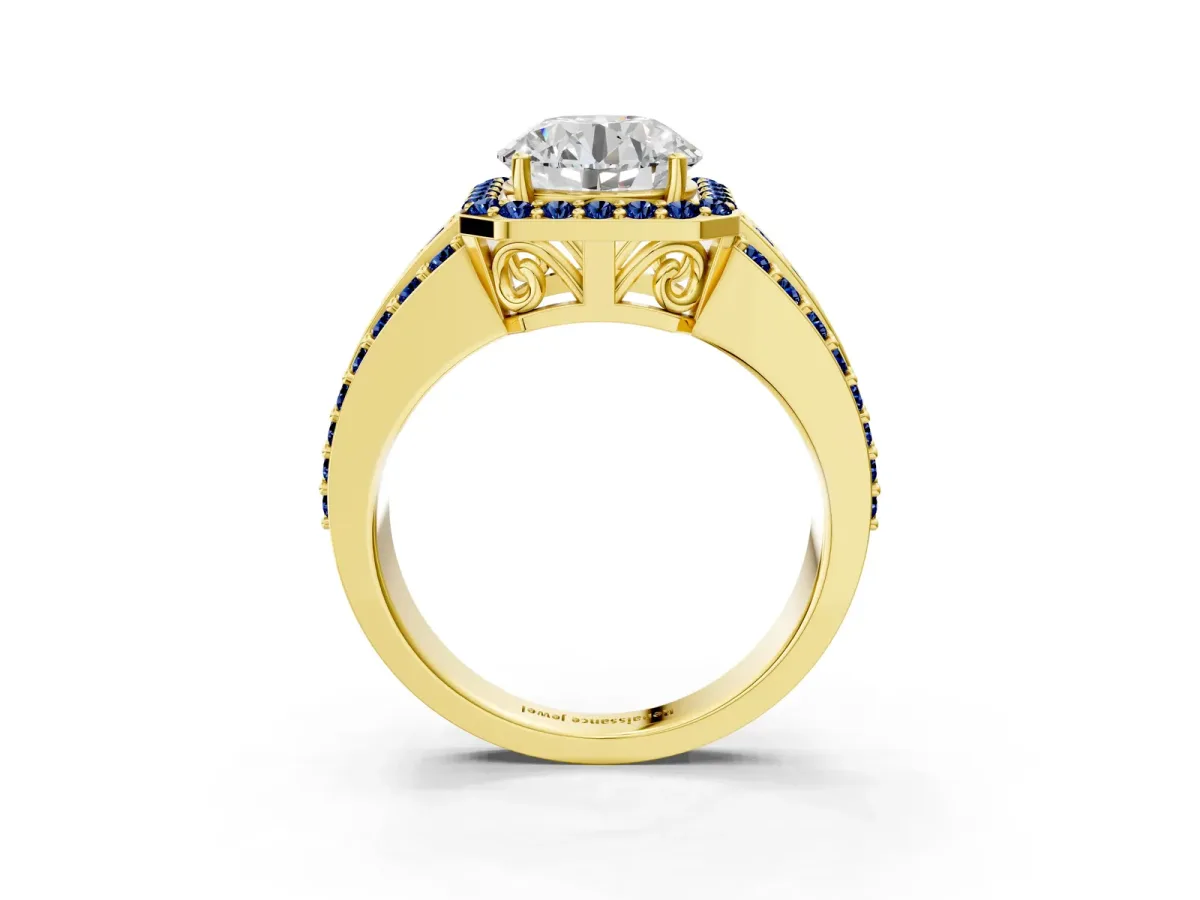 Round Cut Halo Diamond Ring with Round Blue Sapphire Split Shank and Prong Setting Yellow gold
