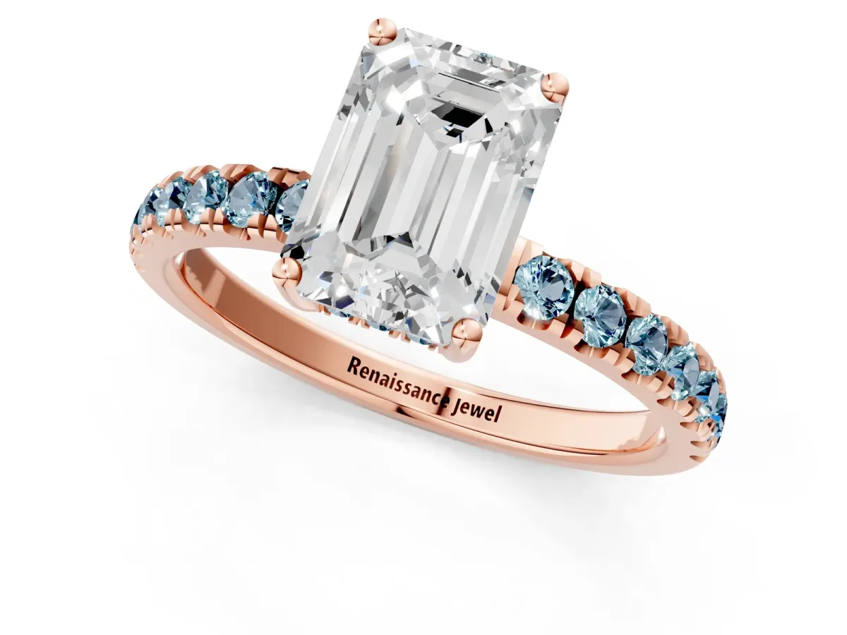 Emerald Cut Diamond Pave Band Solitaire Ring with Round Aquamarine and Prong Setting Rose gold