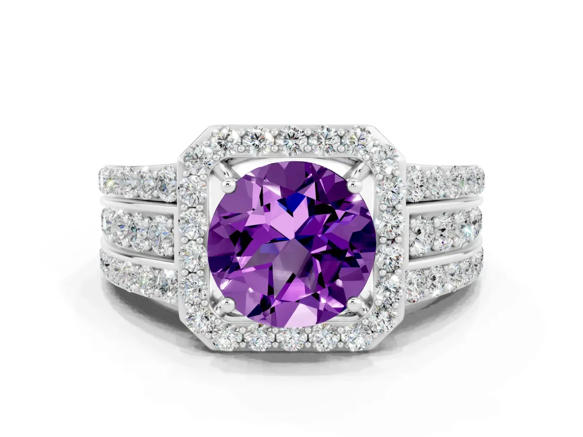Round Cut Halo Amethyst Ring with Round Split Shank and Prong Setting White gold