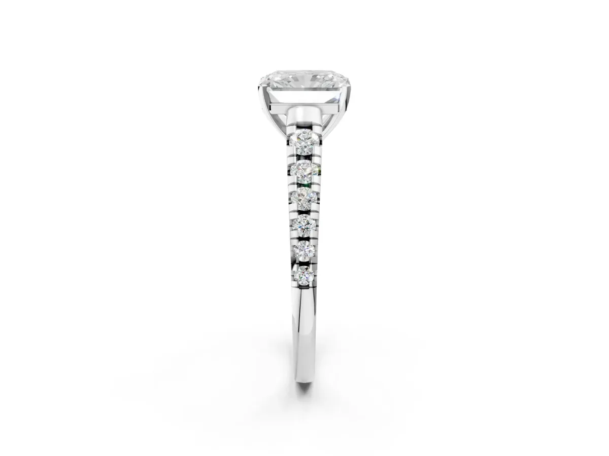 Radiant Cut Diamond Cathedral Solitaire Ring with Round Moissanite Pavé Band Platinum